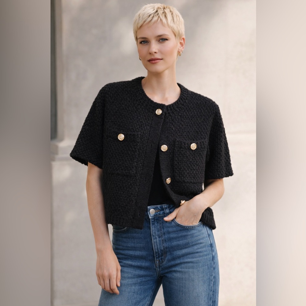 Massimo Dutti black short-sleeved bouclé jacket-blazer